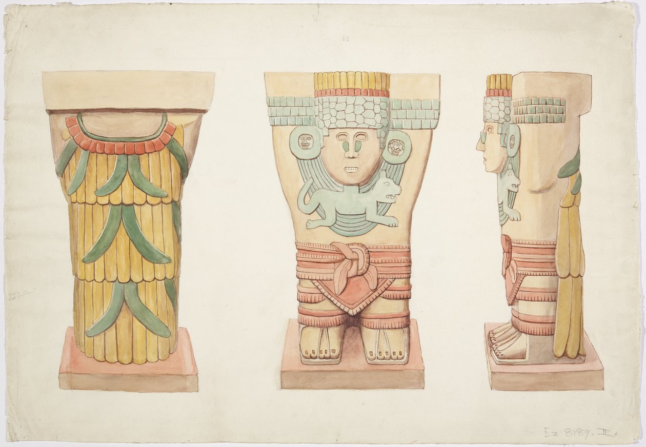 Caryatid II, yttre kammare, Jaguarernas övre tempel (tempel A), Chichen Itza, Mexiko (akvarell) av Adela Breton