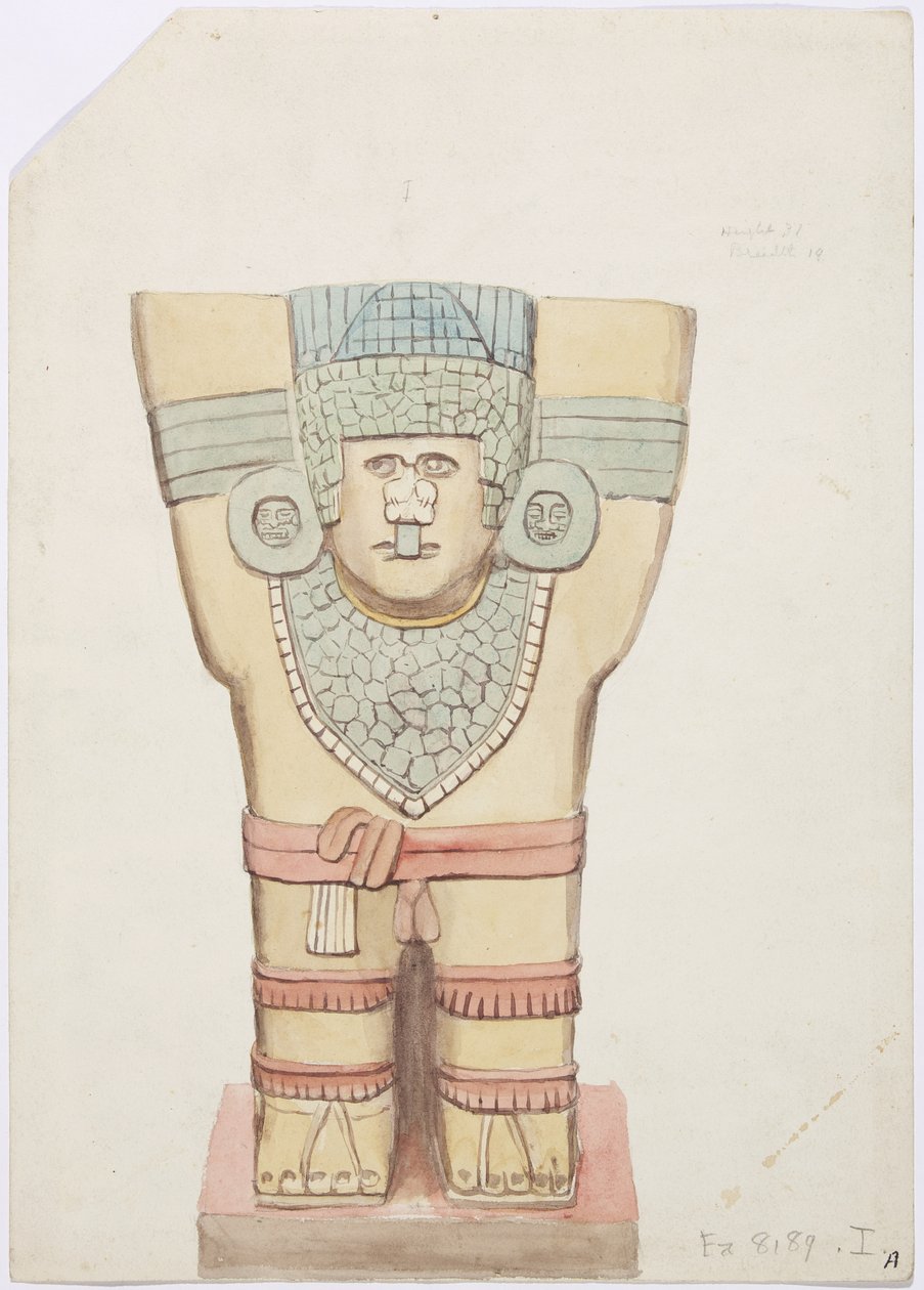 Caryatid I, yttre kammaren, Jaguarernas övre tempel (tempel A), Chichen Itza, Mexiko (akvarell) av Adela Breton