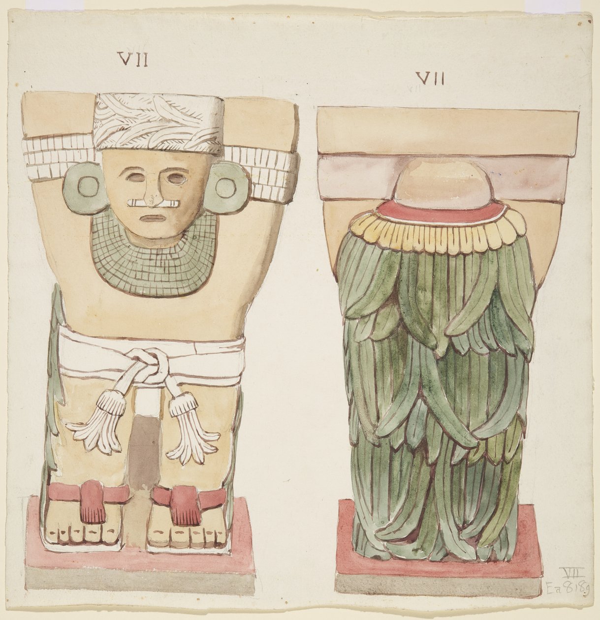 Caryatid från den yttre kammaren, Temple A, bollplan, Chichen Itza, Mexiko (akvarell) av Adela Breton
