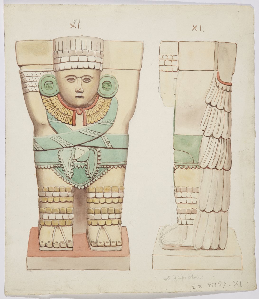 Caryatid från den yttre kammaren, Temple A, bollplan Chichen Itza, Mexiko (akvarell) av Adela Breton