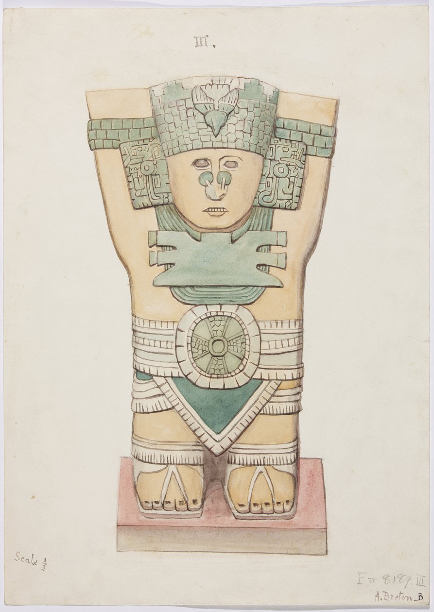 Caryatid från den yttre kammaren, Temple A, bollplan, Chichen Itza, Mexiko (akvarell) av Adela Breton