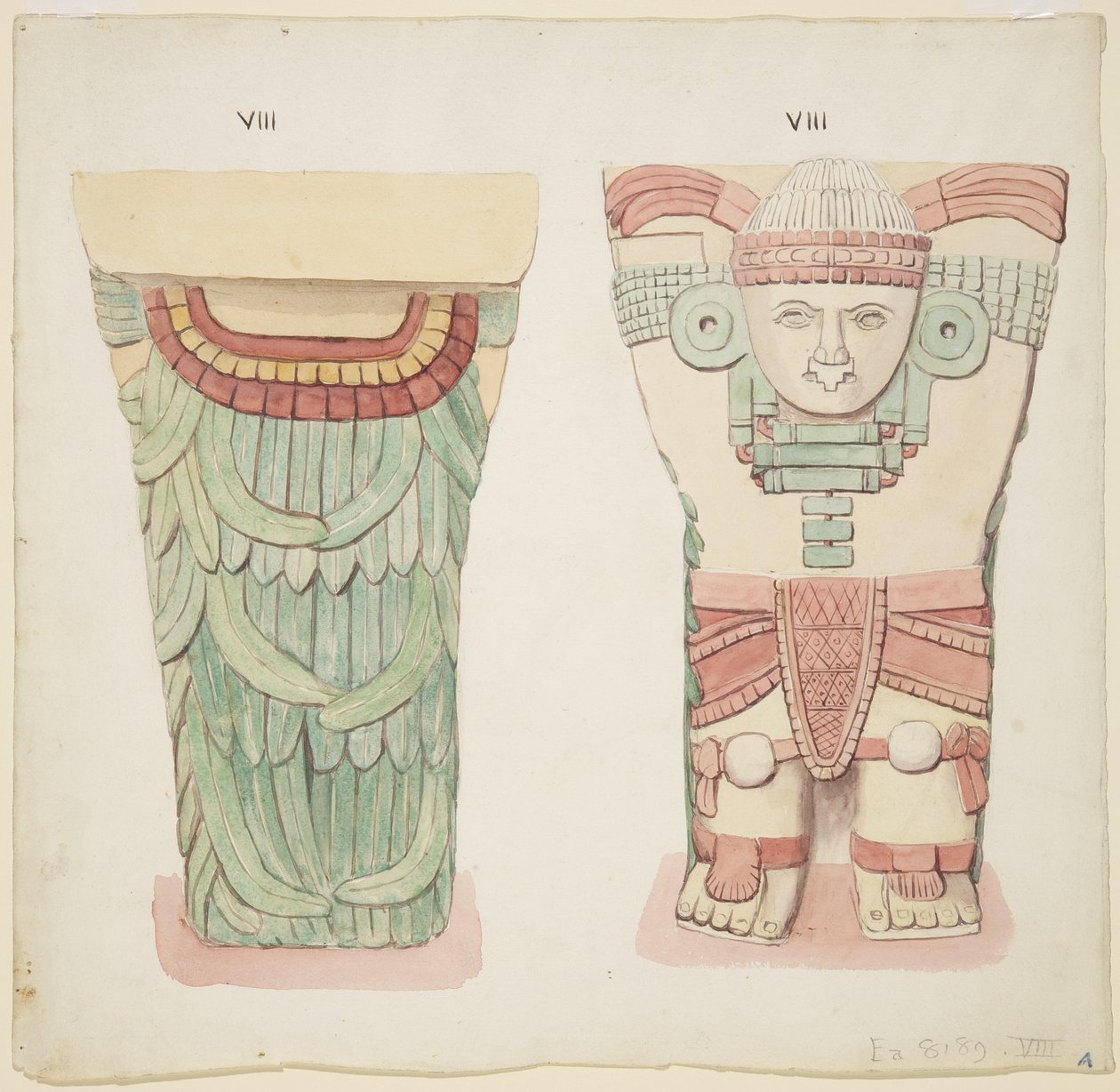 Caryatid från den yttre kammaren, Temple A, bollplan, Chichen Itza, Mexiko (akvarell) av Adela Breton