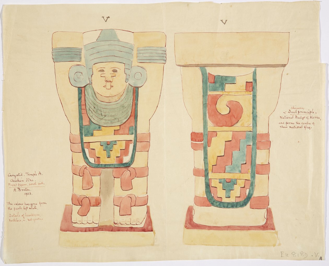 Karyatid från den yttre kammaren, Jaguarernas övre tempel (tempel A), bollplan, Chichen Itza (akvarell) av Adela Breton