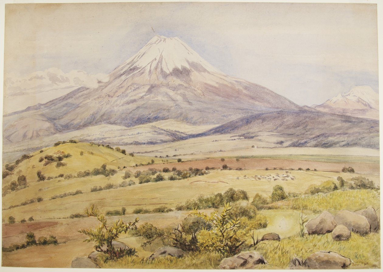 Molnet kommer upp kl. 10.30 Popocatépetl från Atlixco, Puebla, Mexiko (akvarell och kroppsfärg) av Adela Breton