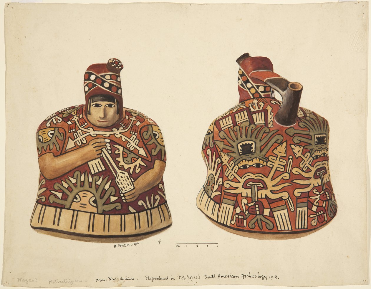 Behållare med en mänsklig figur på ena sidan och en pip bakom huvudet Från Nazca, Peru (akvarell) av Adela Breton