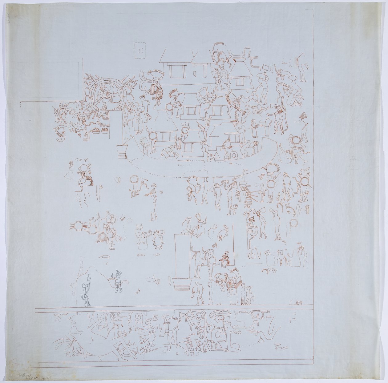 Kopia av en komplett väggmålning från västra väggen, Jaguarernas övre tempel, Chichen Itza, Mexiko Inre kammare på västra väggen Ritad i rött bläck (rött & svart bläck & grafit) av Adela Breton