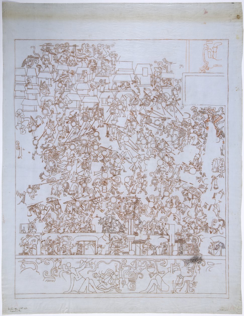 Kopia av en väggmålning, Upper Temple of the Jaguars, South End, West Wall, Upper Temple of the Jaguars, Chichen Itza, Mexiko (rött bläck och grafit) av Adela Breton
