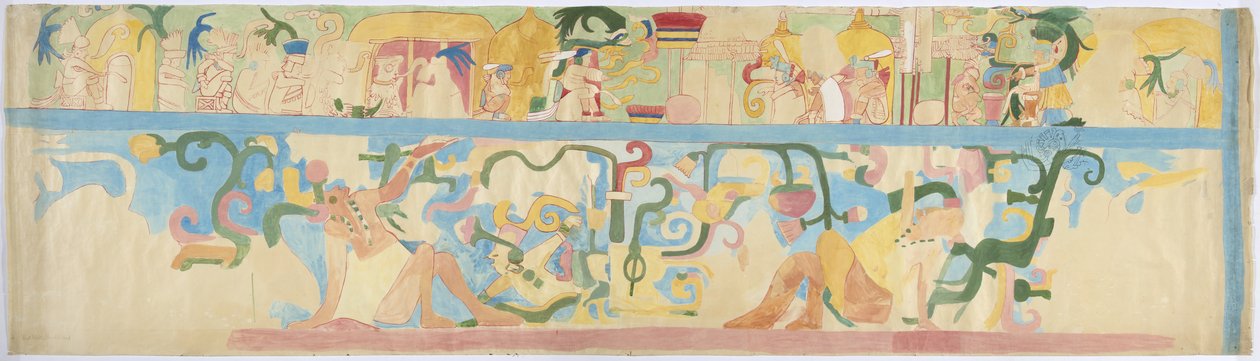 Kopia av en väggmålning från den sydvästra väggen, Jaguarernas övre tempel, Chichen Itza, Mexiko (akvarell och kroppsfärg) av Adela Breton
