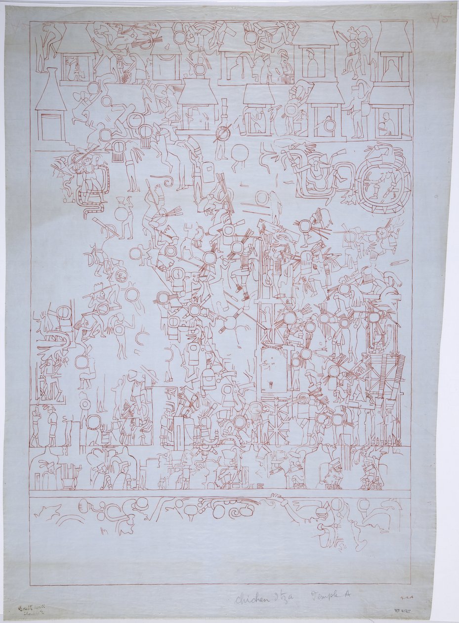 Ritning av södra muren, Jaguarernas övre tempel, Chichen Itza, Mexiko (rött bläck) av Adela Breton