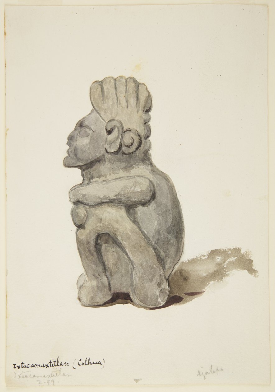 Figur från Ixtacamaxtitlan, Cholula, Puebla, Mexiko visar en hukande figur (akvarell) av Adela Breton