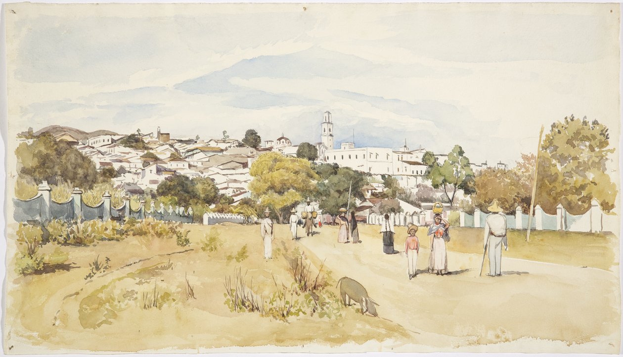 Män, kvinnor och barn som går längs en väg med en by i bakgrunden, Jalapa (Xalapa) Veracruz, Mexiko (akvarell) av Adela Breton