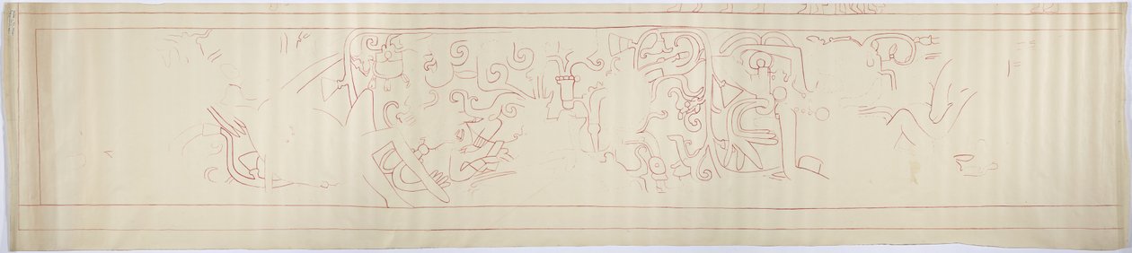 Konturspårning av en väggmålning från västväggen, Jaguarernas övre tempel, Chichen Itza, Mexiko (rött bläck &   grafit) av Adela Breton