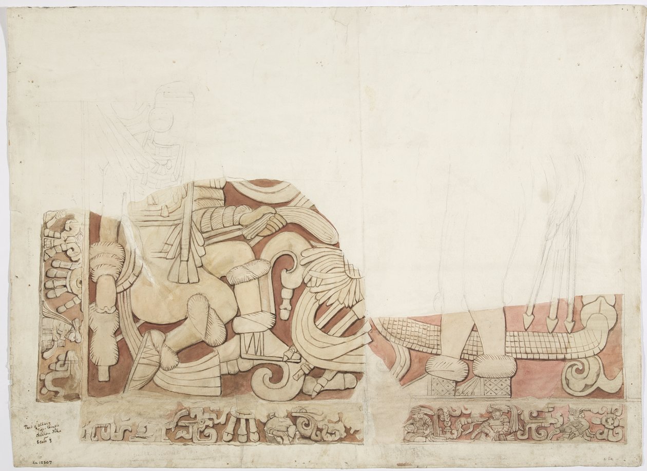 Del av ett altare vid Jaguarernas övre tempel, Temple E, Chichen Itza, Mexiko av Adela Breton
