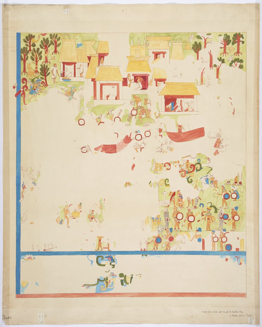 Kopia i kvartsskala av en målning från södra ändpanelen, östra väggen, inre kammaren, Jaguarernas övre tempel, Great Ball Court, Chichen Itza, Mexiko (akvarell, kroppsfärg och rött bläck) av Adela Breton