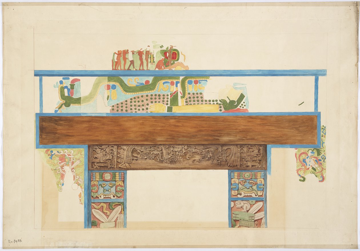 Kopia i kvartsskala av en väggmålning västra väggen, Jaguarernas övre tempel, Chichen Itza, Mexiko (akvarell, kroppsfärg, grafit) av Adela Breton
