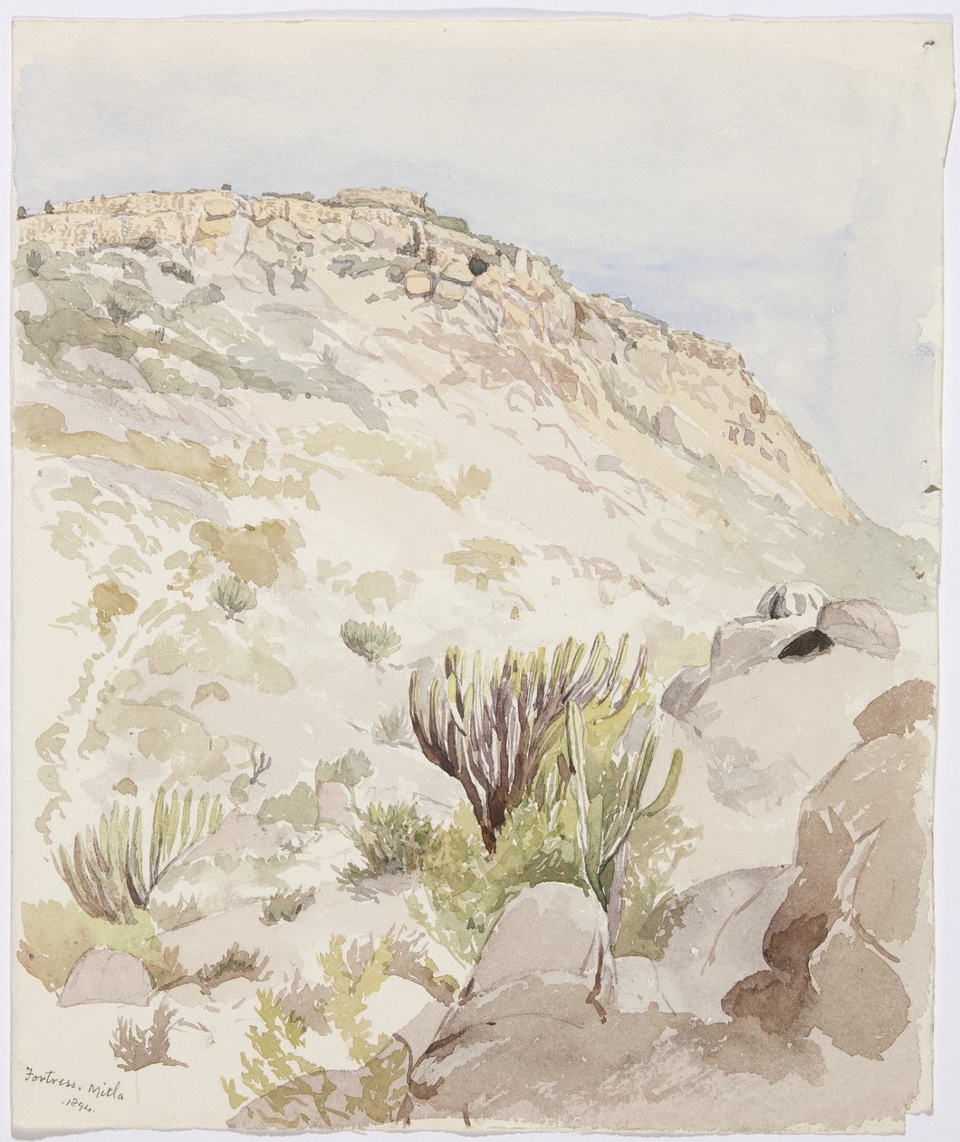 Rester av fästningens murar på toppen av en kulle vid Mitla, Oaxaca (akvarell) av Adela Breton