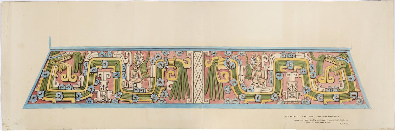 Stenrelief från Xochicalco, Mexiko South face of Cerro Colorado, Tehuacan (akvarell) av Adela Breton