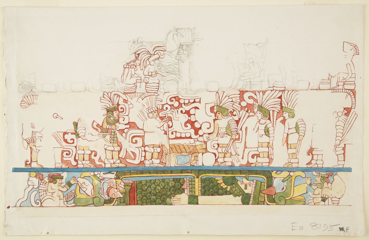 Stenrelief från mitten av norra muren, norra byggnad C, bollplan, Chichen Itza, Mexiko (akvarell) av Adela Breton