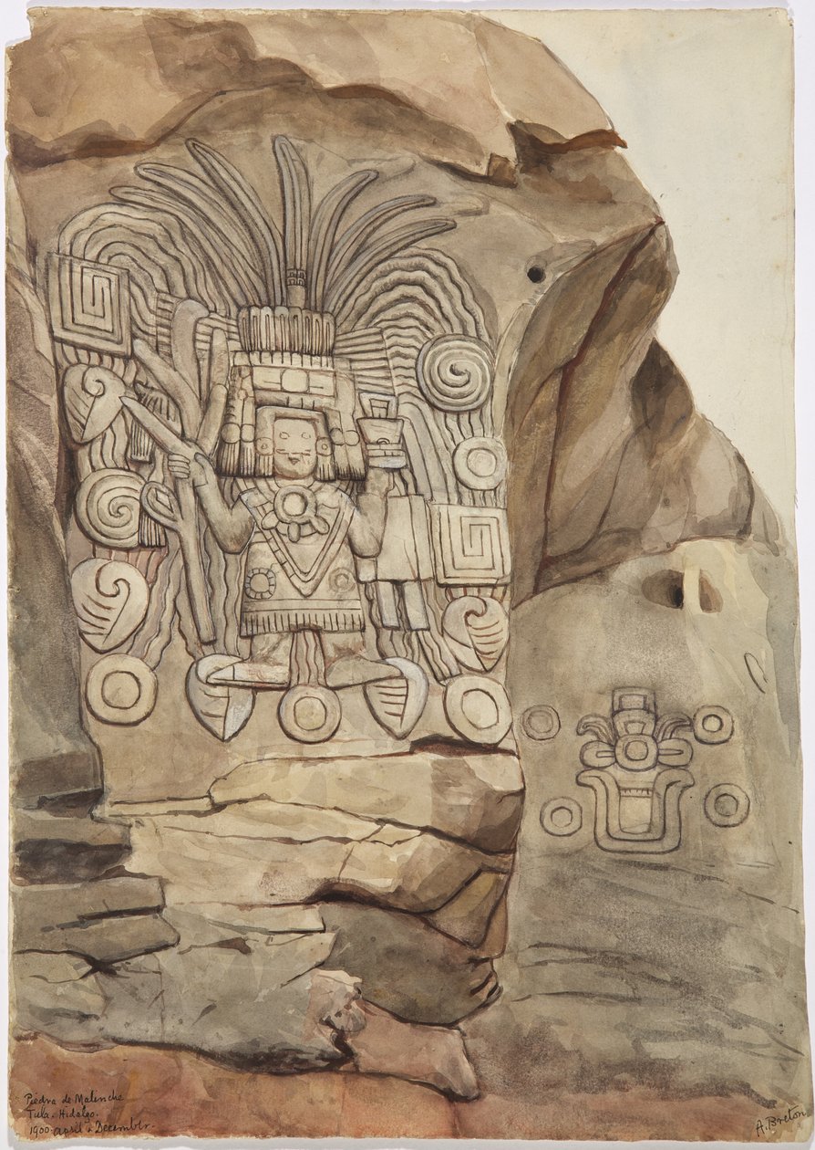 Stenrelief i natursten av Adela Breton - Piedra de Malinche, Tula, Hidalgo, Mexiko (akvarell) av Adela Breton