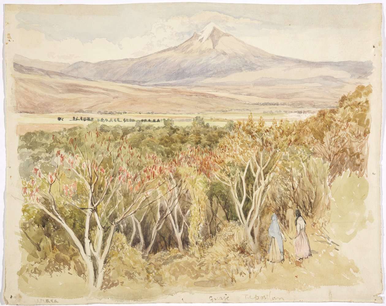 Vulkanen Popocatépetl från Yautepec, Morelos State, Mexiko (akvarell och grafit) av Adela Breton