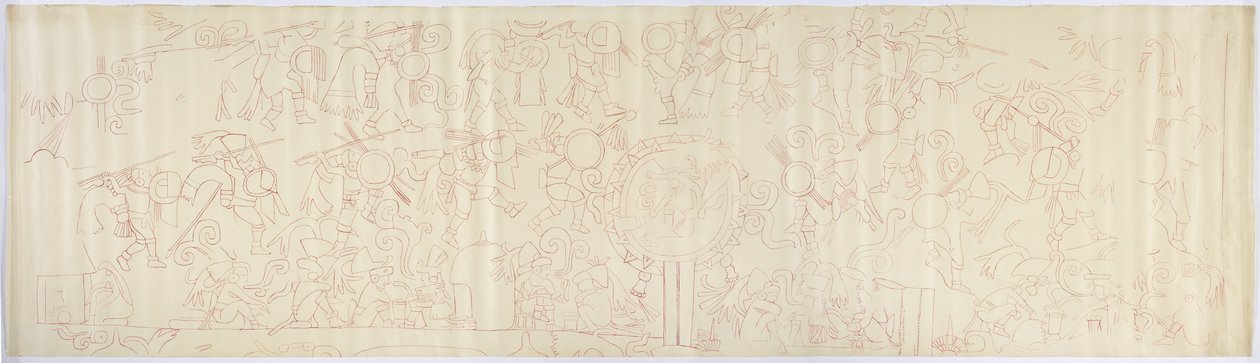 Spårning av en väggmålning från den västra väggen, Jaguarernas övre tempel, Chichen Itza, Mexiko (rött bläck) av Adela Breton