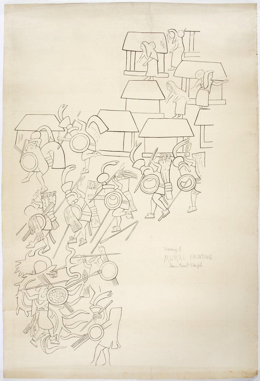 Spårning av en väggmålning från Västmuren, Jaguarernas övre tempel, Chichen Itza, Mexiko Spårning är bläck över (svart bläck & grafit) av Adela Breton