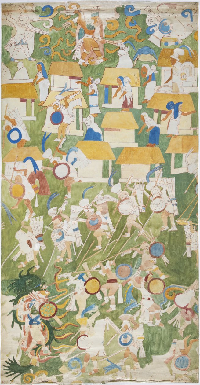Spårning av en väggmålning från den södra panelen av den västra väggen, Jaguarernas övre tempel, Chichen Itza, Mexiko (akvarell och grafit) av Adela Breton