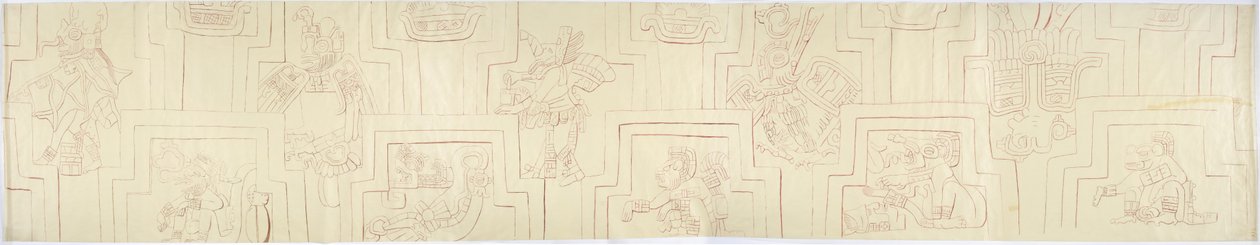 Spårning av en målad relief från målade stuckaturreliefer från fasaden på en kulle eller pyramid i Acanceh, Mexiko av Adela Breton