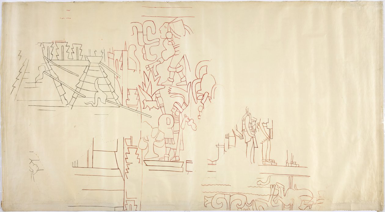 Spårning av en väggmålning från Casa de Monjas, Chichen Itza, Mexiko Ritad och färgad med svart och rött bläck (rött & svart bläck & grafit) av Adela Breton