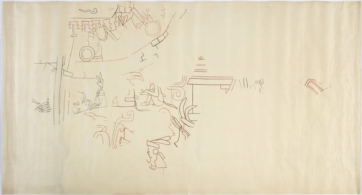 Spårning av en väggmålning från Casa de Monjas, Chichen Itza, Mexiko Vault i stor kammare (rött, svart & brunt bläck & grafit) av Adela Breton