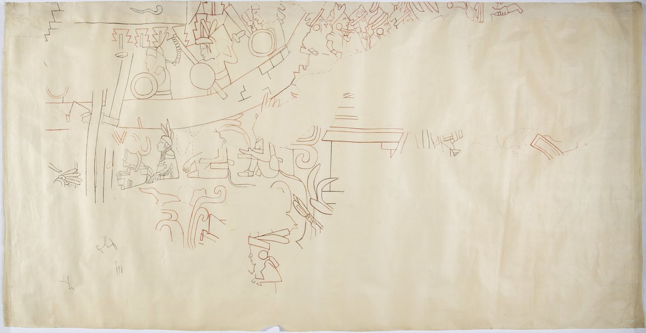 Spårning av en väggmålning från Casa de Monjas, Chichen Itza, Mexiko Vault i stor kammare (rött, svart & brunt bläck & grafit) av Adela Breton