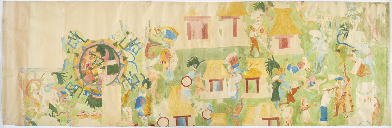 Spårning av en väggmålning från norra änden av västväggen, Jaguarernas övre tempel, Chichen Itza, Mexiko   (akvarell & kroppsfärg) av Adela Breton