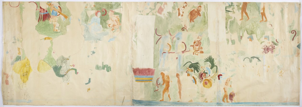 Spårning av en väggmålning från norrpanel, västra väggen, Jaguarernas övre tempel, Chichen Itza, Mexiko   (akvarell & kroppsfärg) av Adela Breton