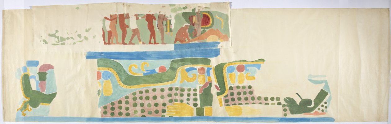 Spårning av en väggmålning från över dörren, Jaguarernas övre tempel, Chichen Itza, Mexiko (akvarell, kroppsfärg, grafit) av Adela Breton