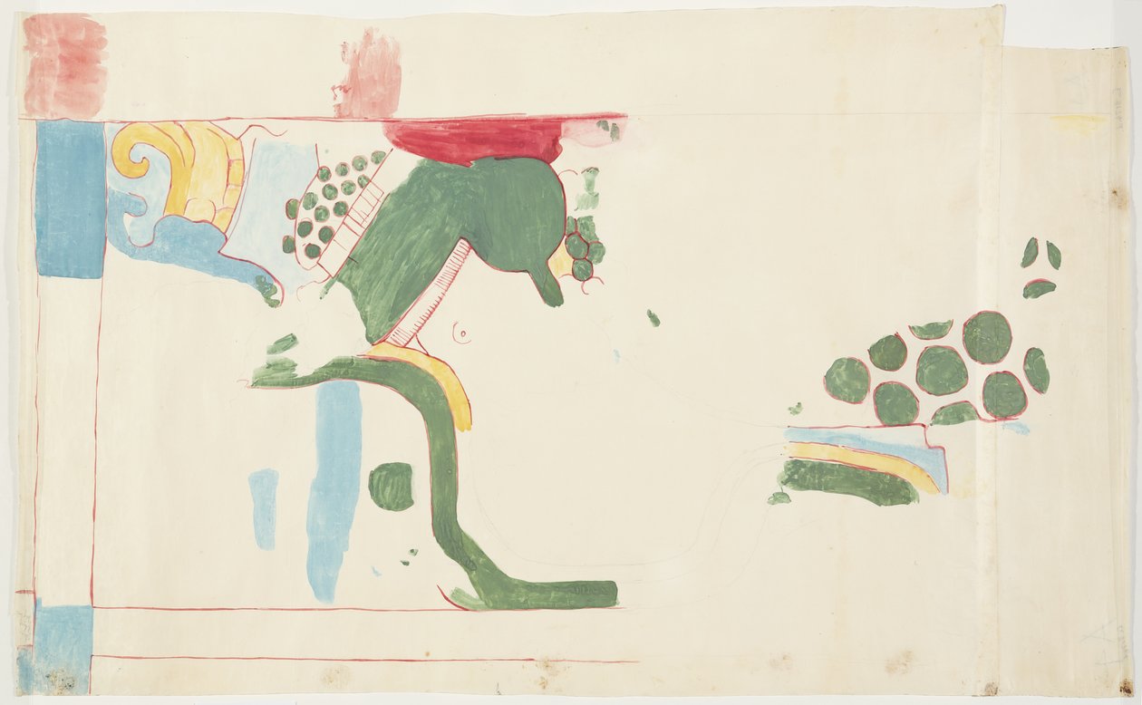 Spårning av en väggmålning från Jaguarernas övre tempel, Chichen Itza, Mexiko   (akvarell, kroppsfärg, grafit) av Adela Breton