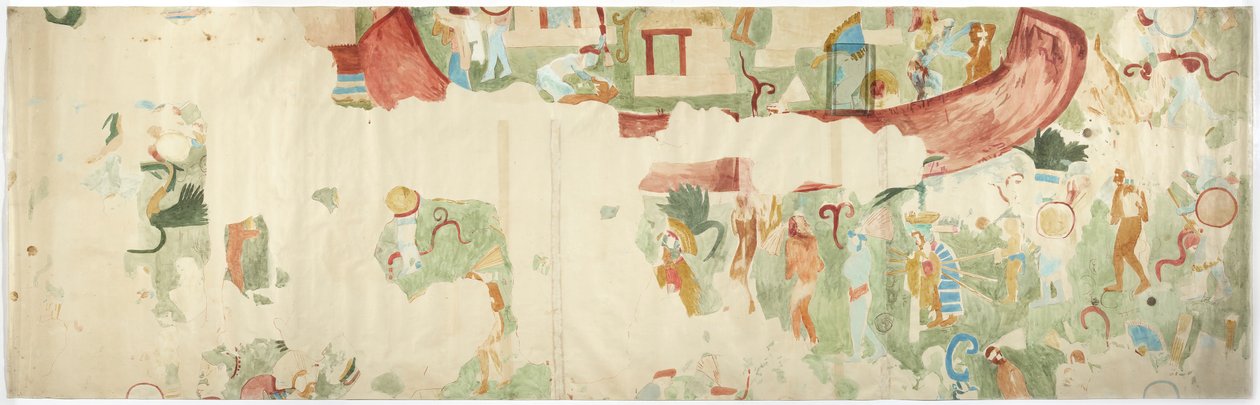 Spårning av en väggmålning från den nordvästra väggen, inre kammare, Jaguarernas övre tempel, Chichen Itza, Mexiko   (akvarell & kroppsfärg) av Adela Breton