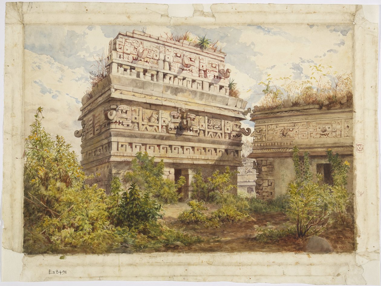 Ruinerna av Chichen Itza, Yucatan, Mexiko Avbildar västfasaden av Iglesia (akvarell) av Adela Breton