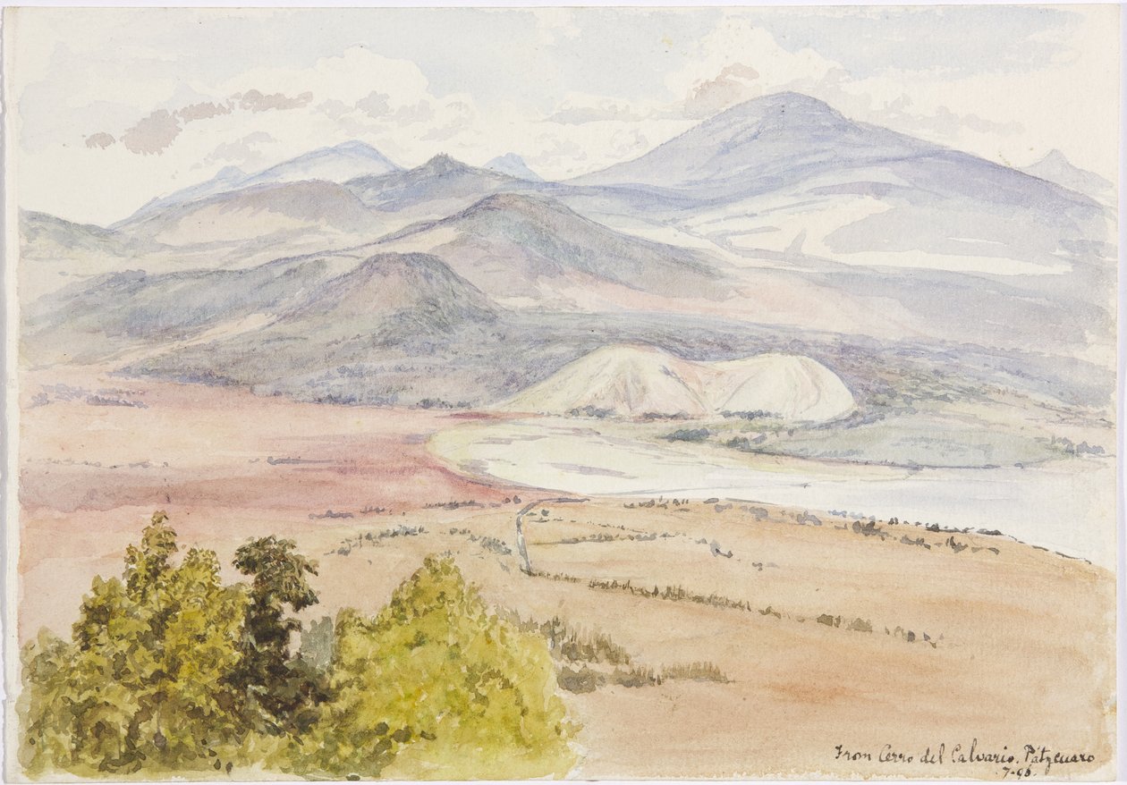Utsikt från Cerro del Calvario, Patzcuaxo på ena sidan av papperet och på den andra är en utsikt över den antika fästningen och stenhögarna, Iguatcho från Cerro del Calvario, Patzcuaro, Michoacan, Mexiko (akvarell) av Adela Breton