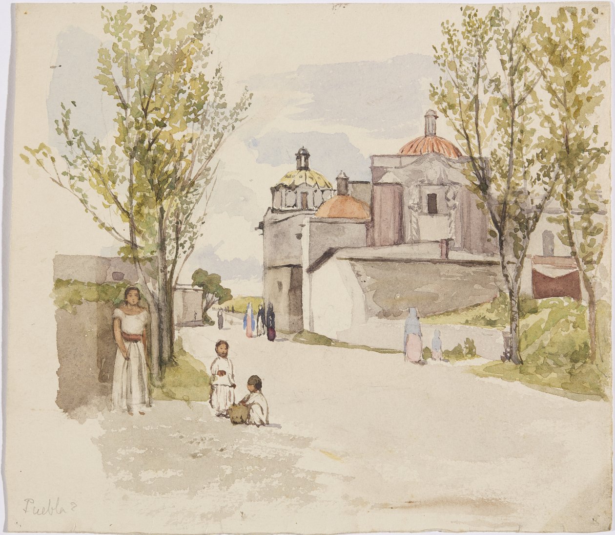 Utsikt över en bygata med kvinnor och barn - Puebla (?), Mexiko (akvarell och grafit) av Adela Breton
