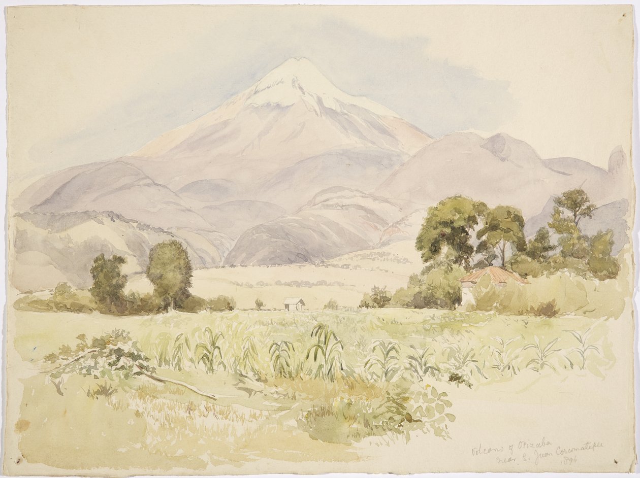 Vulkanen Orizaba, nära S Juan, Coscomatepec, Mexiko (akvarell) av Adela Breton