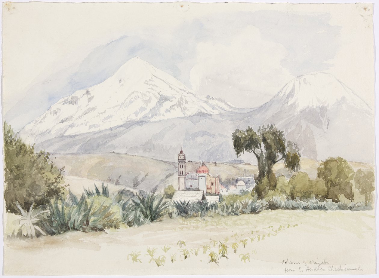 Volcano of Orizaba från San Andrés, Chalchicomula (akvarell) av Adela Breton