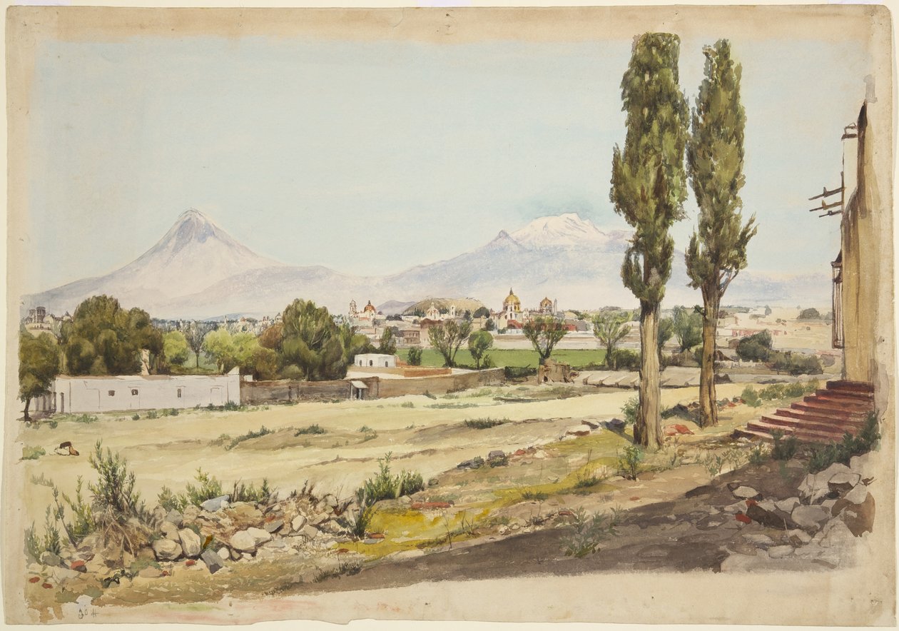 Vulkaner Popocatépetl och Iztaccihuatl vulkaner, Puebla, Mexiko (akvarell) av Adela Breton