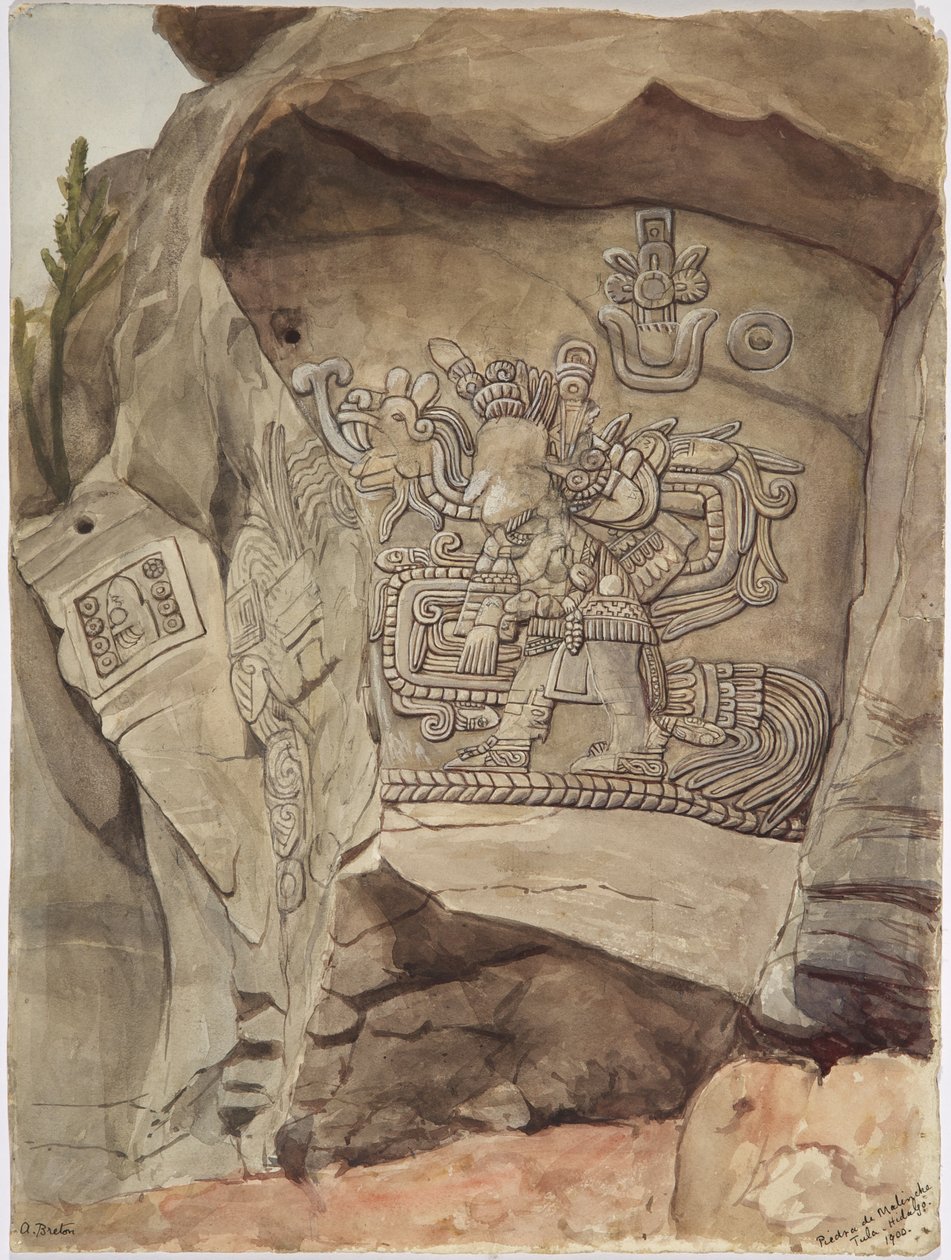 Stenrelief från Piedra de Malinche,Tula, Hidalgo, Mexiko (akvarell) av Adela Breton