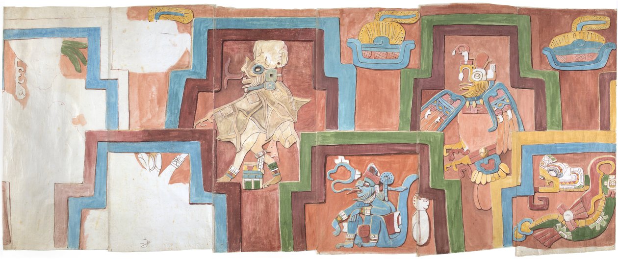 Akvarellkopia av stuckaturfasaden på templet på pyramiden i Acanceh Full skala Två rader figurer inom en stegvis ram Figur 6-11 (akvarell) av Adela Breton