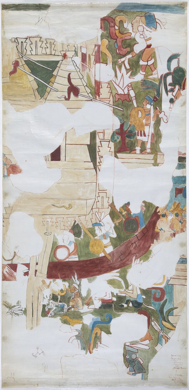 Akvarell på papper av linnetyp Spårning av väggmålning från ett valv i en stor kammare på Casa de Monjas, Chichen Itza, Mexiko (akvarell & kroppsfärg) av Adela Breton