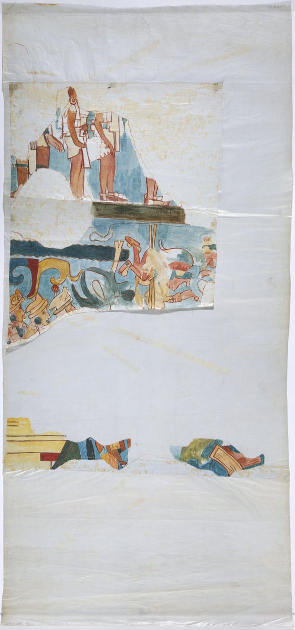 Akvarell på papper av linnetyp Spårning av väggmålning från ett valv i en stor kammare, Casa de Monjas, Chichen Itza, Mexiko (akvarell & kroppsfärg) av Adela Breton