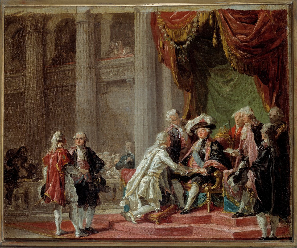 Mottagande av en riddare av Saint Lazarus orden av Jerusalem och Our Lady of Mount Carmel av den siste stormästaren greven av Provence (blivande kung Ludvig XVIII) (1755-1824) under Ludvig XVI Målning av Adelaide Labille Guiard (1749- 1803) 1788 omkring av Adelaide Labille Guiard