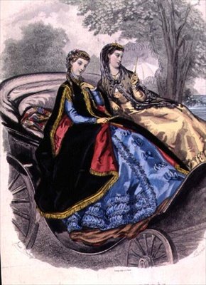 Damklänningar från Madame Brent-Castle, kappor från Grands Magasins du Louvre från avsnittet "Fashion Illustrated" i "Journal De La Famille", pub. av Leroy av Adele Anais (after) Colin