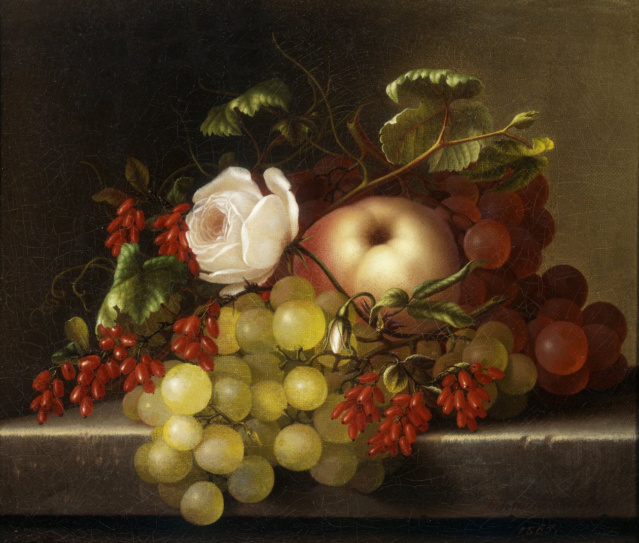 Stilleben med persika, vindruvor och nypon, 1865 av Adelheid Dietrich