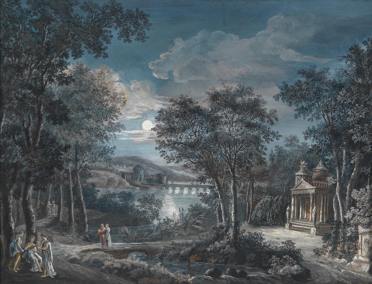 Parklandschaft mit einem Grabmal, Kastell und Brücke über einen Teich im Mondlicht av Adelsheim